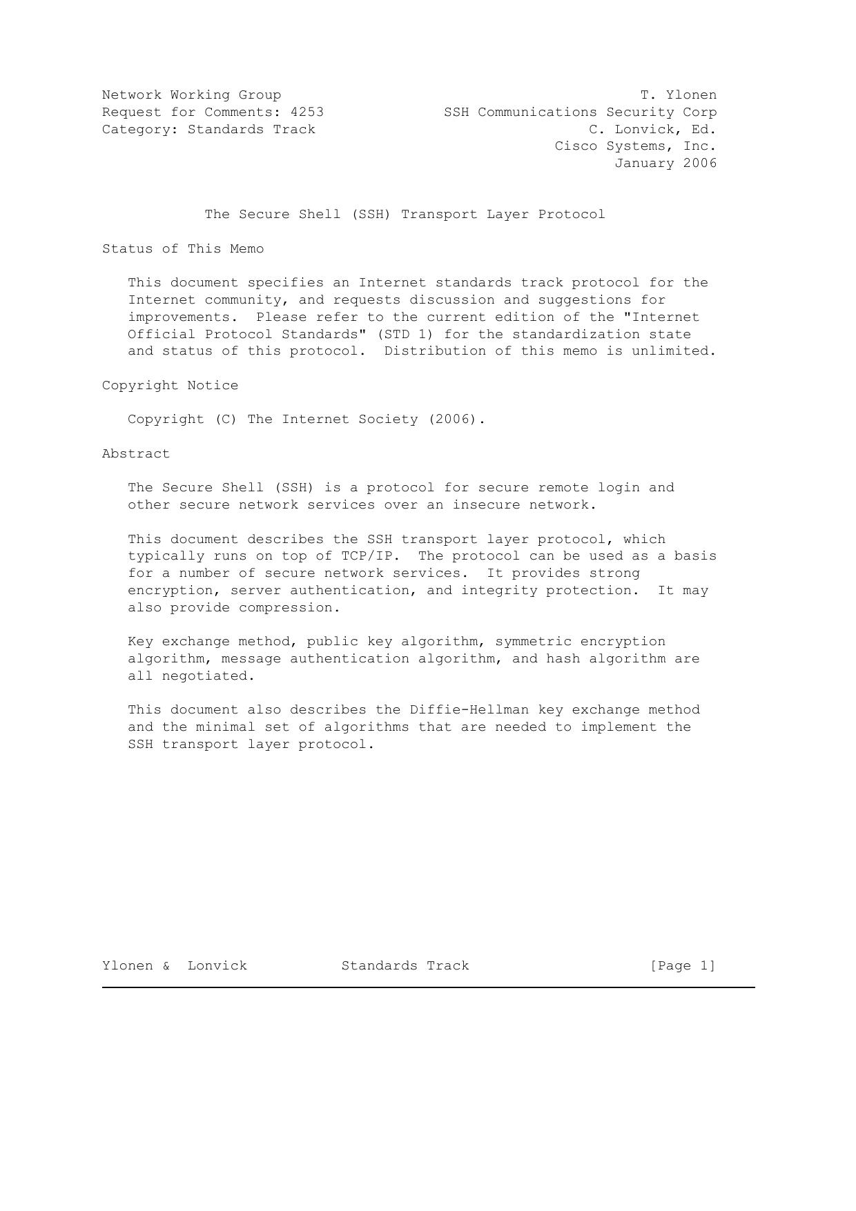 RFC 4253 - The Secure Shell (SSH) Transport Layer Protocol