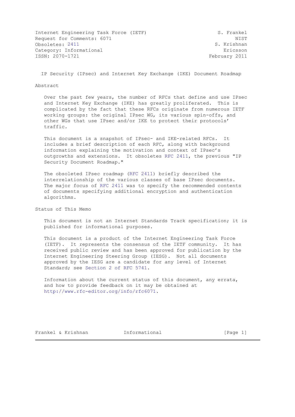 RFC 6071 - IP Security (IPsec) and Internet Key Exchange (IKE) Document Roadmap